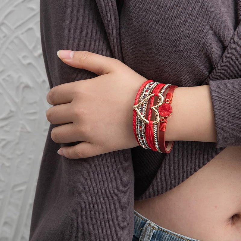 Rantanto Braid Leather Wrap Bracelet Trendy Stackable Crystal Cuff Boho Gold Heart Bracelet Jewelry Gift For Women - Image 4